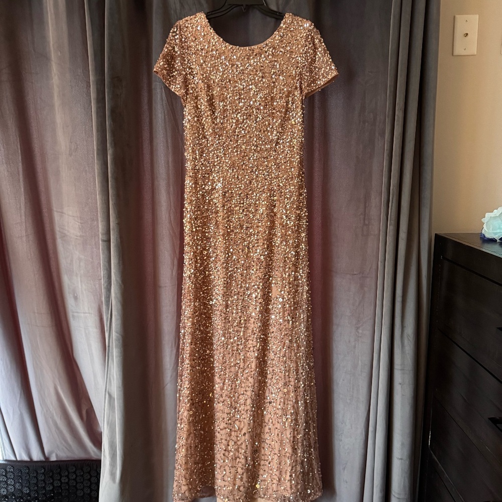 Adrianna Papell gown floor length sequin rose gold NWT